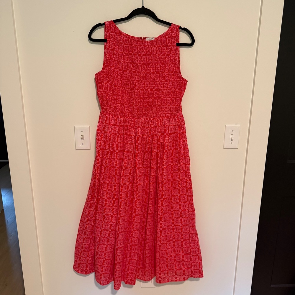 J.Crew Red Pink Geometric Smocked Midi Dress Womens Small Sleeveless Cotton Boho